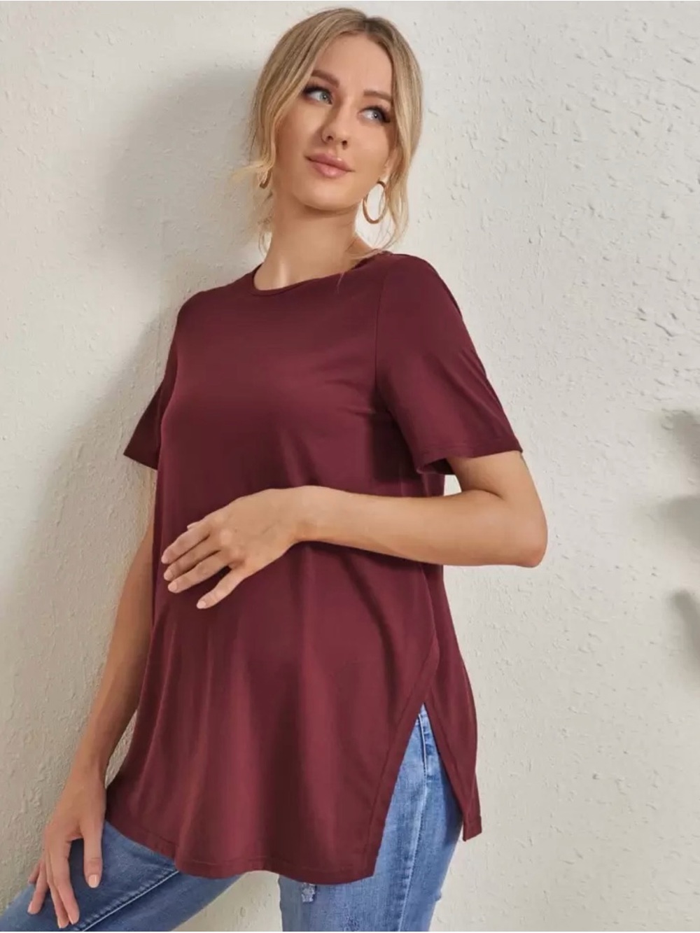 SHEIN Maternity Women's Short Sleeve Tunic Top - Burgundy